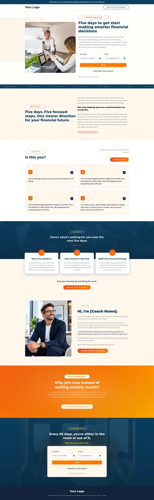 5-Day Financial Challenge Funnel — full page screenshot