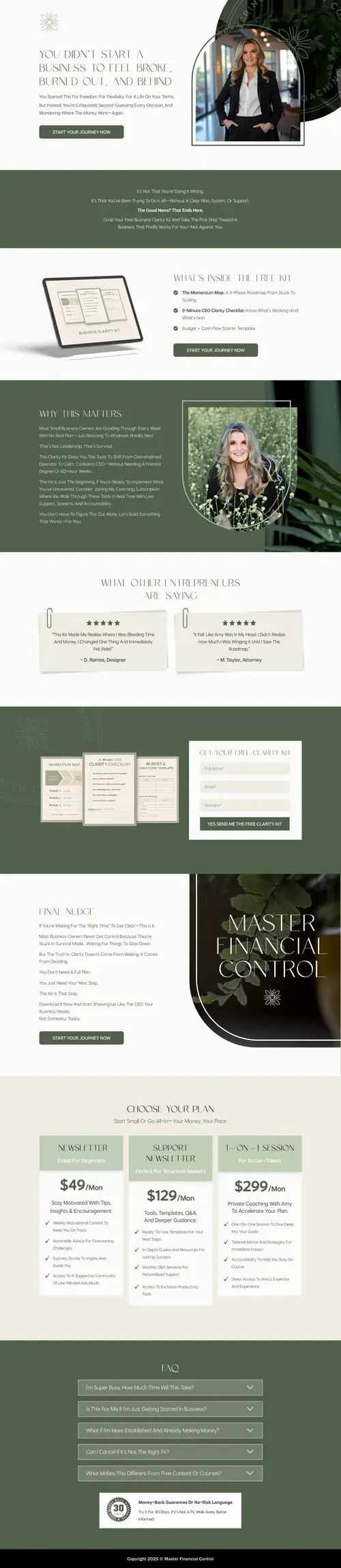 Business Clarity & Financial Coaching Funnel — full page screenshot