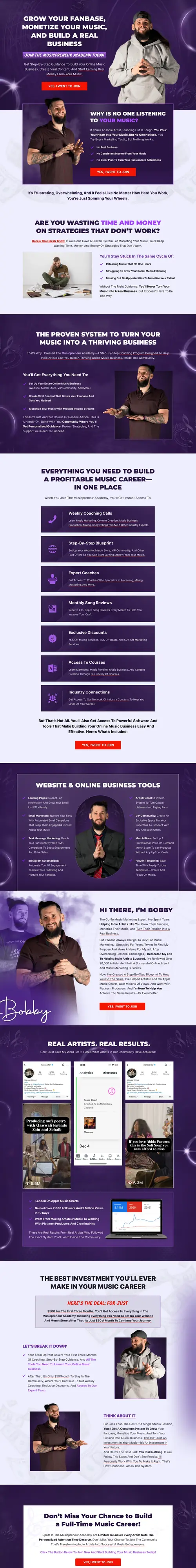Music Industry Coaching Funnel — full page screenshot