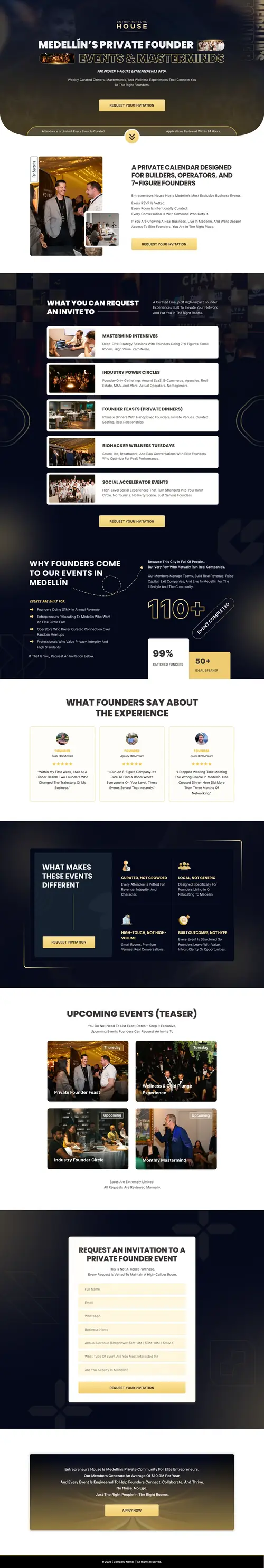 Private Founder Event Funnel — full page screenshot